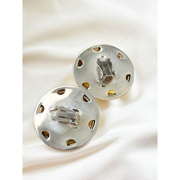 Large Two Tone Gold and Silver Dome Earrings Basketweave Design - Picture 2 of 5